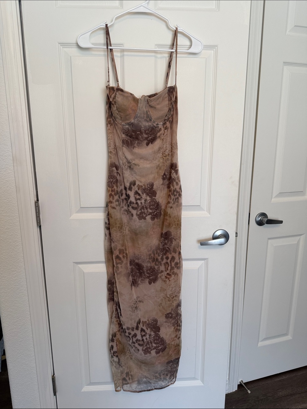 House of CB Taupe Floral-Print Maxi Slip Dress